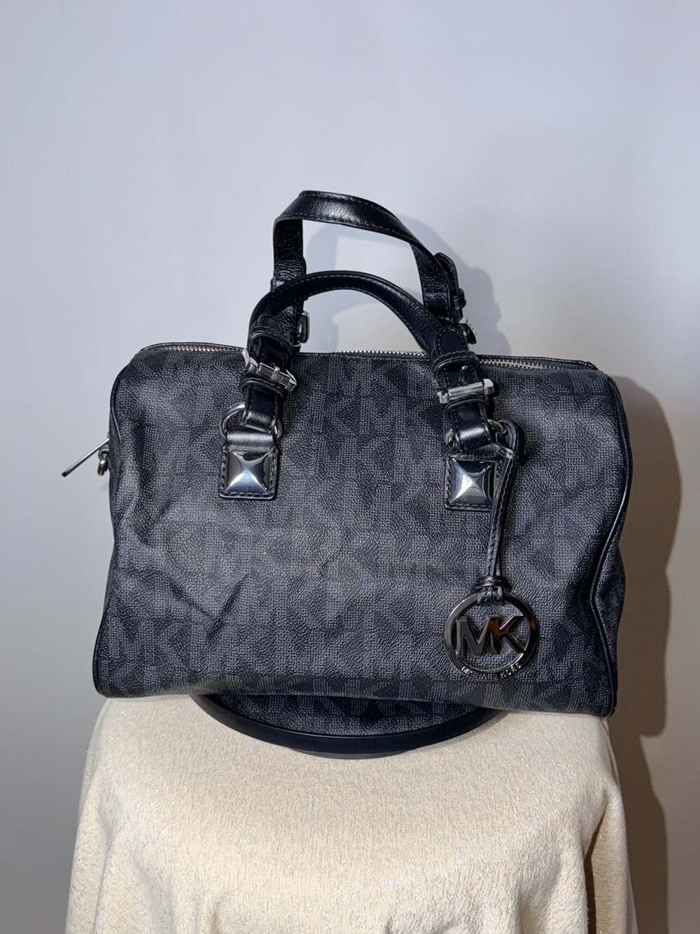 Michael Kors Grayson Black PVC Monogram Logo Satchel Handbag